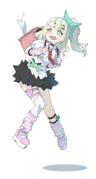 1girl 53c_(ray_cordova) backpack bag black_skirt collared_shirt commentary dress_shirt green_eyes green_hair hair_ornament hairclip loose_socks necktie open_mouth pink_shoes ponytail randoseru red_necktie shadow shirt shoes simple_background single_thighhigh skirt socks solo striped_clothes striped_socks sunna_(zenless_zone_zero) thighhighs white_background white_shirt white_thighhighs x_hair_ornament zenless_zone_zero