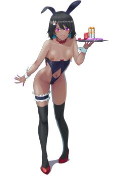 1girl animal_ear_hairband animal_ears black_hair black_leotard black_thighhighs blue_leotard breastless_clothes breastless_leotard breasts clothing_cutout collar commentary_request condom_box dark-skinned_female dark_skin dildo fake_animal_ears frilled_thigh_strap full_body hair_ornament hairband hairclip highres holding holding_tray leaning_forward leotard lube mikan_29344886 navel_cutout navel_piercing nipple_stimulation nipple_tweak nipples original piercing playboy_bunny purple_eyes rabbit_ear_hairband rabbit_ears sex_toy short_hair sideless_leotard simple_background small_breasts smile solo standing strapless strapless_leotard thigh_strap thighhighs tray white_background