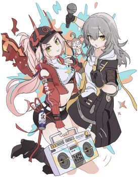 2girls absurdres black_gloves black_hat black_jacket black_shorts black_skirt bridal_gauntlets crop_top feet_out_of_frame fishnet_bridal_gauntlets gloves green_eyes grey_hair hair_between_eyes hat horned_hat high_heels high_ponytail highres holding holding_microphone honkai:_star_rail honkai_(series) jacket long_hair microphone miniskirt monkey multiple_girls open_clothes open_jacket origami_gyokuo pink_hair ponytail radio rappa_(honkai:_star_rail) red_jacket shirt shorts skirt smile spray_can stelle_(honkai:_star_rail) thigh_strap tied_shirt trailblazer_(honkai:_star_rail) white_shirt yellow_eyes