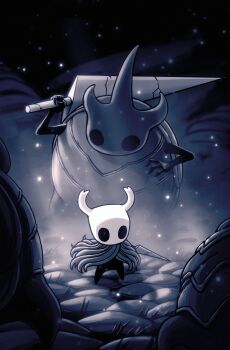 2others absurdres ari_gibson backlighting behind_another blank_eyes bug cloak cobblestone damaged empty_eyes floating_cape grey_cloak highres holding holding_weapon hollow_eyes hollow_knight horned_mask imminent_fight knight_(hollow_knight) light_particles mask multiple_others nail_(hollow_knight) official_art old_nail_(hollow_knight) over_shoulder promotional_art shadow shell solid_oval_eyes solo standing watcher_knight_(hollow_knight) weapon weapon_over_shoulder white_mask