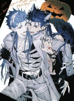2boys absurdres animal_ears bandages blood blood_on_face blue_hair cu_chulainn_(caster)_(fate) cu_chulainn_(fate) cu_chulainn_(lancer)_(fate) dual_persona earrings fate/grand_order fate_(series) hair_tubes halloween halloween_costume highres jack-o&#039;-lantern jacket jewelry kemonomimi_mode long_hair male_focus metama multiple_boys ponytail red_eyes single_hair_tube tail white_background wolf_boy wolf_ears wolf_tail