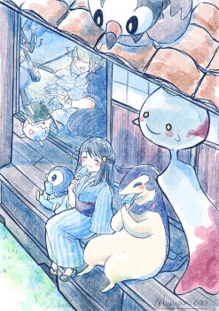 1boy 1girl absurdres akari_(pokemon) alternate_costume blonde_hair blue_hair book chimecho commentary_request day eating food gen_2_pokemon gen_3_pokemon gen_4_pokemon hair_over_one_eye highres hisuian_typhlosion ice_cream japanese_clothes kurupontaberu long_hair lucario nintendo one_eye_covered paper piplup pokemon pokemon_(creature) pokemon_legends:_arceus short_hair sketch sparkle starly togepi volo_(pokemon)