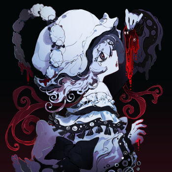 1girl absurdres black_eyes blood blood_on_hands bow colored_eyelashes dress frilled_dress frills from_side gradient_background halo hand_up hat highres holding lankilanki long_sleeves medium_hair mob_cap nail_polish open_mouth original sheep simple_background sleeves_past_wrists solo tassel upper_body