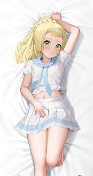 1girl absurdres bare_legs blonde_hair blush braid breasts closed_mouth dakimakura_(medium) foot_out_of_frame green_eyes highres keine09 lillie_(pokemon) long_hair looking_at_viewer lying midriff navel nintendo on_back pleated_skirt pokemon pokemon_sm ponytail ponytail_with_braided_base short_hair skirt small_breasts smile solo white_skirt