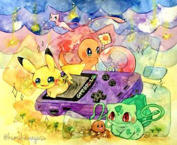 Rule 34 | blue eyes, bulbasaur, charmander, diglett, game boy, game boy color, gen 1 pokemon, green eyes, handheld game console, highres, in poke ball, legendary pokemon, mew (pokemon), mythical pokemon, nintendo, non (kumakawayusu), painting (medium), pikachu, plant, poke ball, poke ball (basic), pokemon, pokemon (creature), smile, sparkle, spoken symbol, sprout, squirtle, starter pokemon trio, traditional media, vines, watercolor (medium)