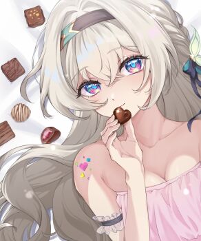Rule 34 | 1girl, arm garter, bare shoulders, black hairband, black ribbon, blue pupils, breasts, chocolate, cleavage, commentary request, firefly (honkai: star rail), food, grey hair, hair ribbon, hairband, highres, holding, holding chocolate, holding food, honkai: star rail, honkai (series), long hair, purple eyes, reiha (rei ha00), ribbon, solo, strapless, tube top, upper body