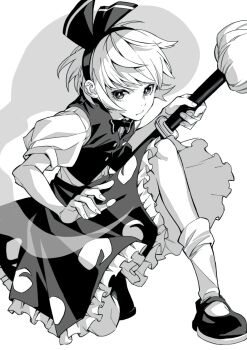 bow_hairband commentary frilled_skirt frills greyscale hairband highres hitodama hitodama_print kamabokopic kneeling konpaku_youmu looking_at_viewer mary_janes monochrome print_skirt puffy_short_sleeves puffy_sleeves sheath sheathed shirt shoes short_hair short_sleeves skirt socks sword touhou vest weapon