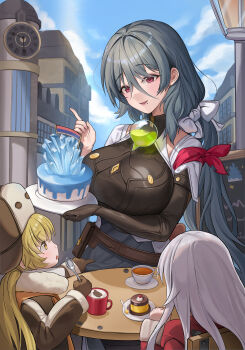 3girls absurdres armband belt belt_pouch black_gloves blonde_hair blue_sky breasts brown_belt brown_coat brown_gloves building cake chair child clara_(honkai:_star_rail) clock clock_tower cloud coat commentary_request cowboy_shot cup day elbow_gloves food fur-trimmed_coat fur_trim gloves grey_hair grey_skirt hair_between_eyes hair_ribbon hat highres holding holding_plate holding_spoon honkai:_star_rail honkai_(series) hook_(honkai:_star_rail) jacket lamppost large_breasts long_hair long_sleeves looking_at_another menu_board mole mole_under_mouth mug multiple_girls natasha_(honkai:_star_rail) outdoors parted_lips plate pouch pudding red_armband red_coat red_eyes ribbon richiman shadow sidelocks sideways_hat single_elbow_glove sitting skirt skirt_tug sky smile spoon standing table tea teacup tower twintails vial white_hair white_hat white_jacket white_ribbon yellow_eyes