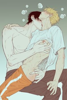 2boys anal anal_fingering ass black_hair black_pants blonde_hair blush chainsaw_man closed_eyes clothes_lift clothes_pull denji_(chainsaw_man) fingering from_side hand_on_another's_leg highres jmt_sungnyung licking licking_another's_neck male_focus male_penetrated mole mole_under_mouth multiple_boys nipple_stimulation nipples no_male_underwear orange_pants pants pants_pull pectorals puff_of_air shirt shirt_lift short_hair simple_background straddling suggestive_fluid sweat teeth toned toned_male topless_male upright_straddle white_shirt yaoi yoshida_hirofumi