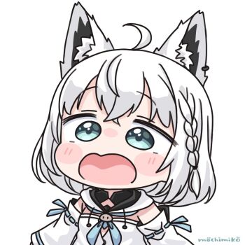 1girl ahoge animal_ear_fluff animal_ears blue_eyes braid chibi commentary_request detached_sleeves fox_ears hololive hood hood_down long_hair looking_at_viewer mochimiko open_mouth ribbon-trimmed_sleeves ribbon_trim shirakami_fubuki shirakami_fubuki_(1st_costume) signature simple_background solo upper_body virtual_youtuber white_background white_hair white_sleeves