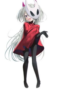 artist_self-insert black_bodystocking black_bodysuit bodysuit character_mask cloak cosplay demon_horns fang grey_hair highres hollow_knight hollow_knight:_silksong horned_mask hornet_(hollow_knight) hornet_(hollow_knight)_(cosplay) horns indie_virtual_youtuber long_hair mask nagisa-chan_(nakatokung) nakatokung open_mouth purple_eyes red_cloak very_long_hair white_mask