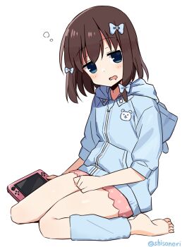Rule 34 | 1girl, aged down, barefoot, blue bow, blue eyes, blue shirt, bow, brown hair, controller, female focus, full body, game console, game controller, hair bow, holding, holding controller, holding game controller, hood, hoodie, leg warmers, long sleeves, onjouji toki, pink shorts, polka dot, polka dot shorts, saki (manga), saliva, shirt, shisoneri, short hair, short shorts, shorts, simple background, sitting, sleepy, solo, toki (manga), toki onjouji, twitter username, wariza, white background, wii u, zipper