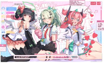 3girls absurdres angels_of_delusion aria_(zenless_zone_zero) arm_support arm_warmers arrow_(symbol) back backless_dress backless_outfit bandaid bandaid_hair_ornament bare_shoulders black_hair black_skirt black_sleeves black_thighhighs blue_eyes blush bow center_frills character_name checkered_background colored_inner_hair commentary detached_collar detached_sleeves dress earrings english_commentary english_text fingerless_gloves frilled_dress frills fur-trimmed_skirt fur-trimmed_sleeves fur_trim gloves green_bow green_eyes green_hair green_halo hair_bow hair_ornament halo harveythenerdy heart heart_hair_ornament highres jewelry leg_warmers looking_at_viewer looking_back multicolored_hair multiple_girls multiple_hair_bows multiple_hair_clips musical_note_earrings nangong_yu necktie open_mouth parted_lips pink_arm_warmers pink_bag pink_bow pink_gloves pink_hair pink_leg_warmers ponytail red_eyes red_necktie scar scar_on_back shirt short_twintails sitting skirt spoken_heart striped_arm_warmers striped_leg_warmers sunna_(zenless_zone_zero) thighhighs twintails v w wariza white_dress white_shirt white_wings winged_bag wings zenless_zone_zero