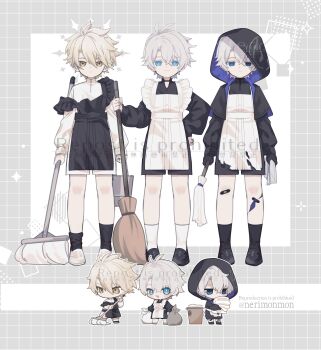 3boys absurdres alternate_costume antenna_hair apron artist_name back_bow bag bandaid bandaid_on_knee bandaid_on_leg black_apron black_gloves black_pants black_sandals black_shirt black_shoes black_socks blonde_hair border bow broom bucket checkered_background chibi chibi_inset cleaning commentary_request crossdressing crossdressing_(mtf) crossed_bangs duster empty_eyes enmaided flame_reaver_of_the_deepest_dark full_body gloves grey_background hair_between_eyes half-closed_eyes halo halo_behind_head hand_on_own_hip hand_up highres holding holding_bag holding_broom holding_duster holding_towel honkai:_star_rail honkai_(series) hooded_shirt long_sleeves looking_at_viewer looking_down maid male_focus male_maid multiple_boys multiple_persona multiple_views nerimono_(nekokoban22) no_mouth official_alternate_eye_color official_alternate_hair_color open_mouth outside_border pants phainon_(honkai:_star_rail) phainon_(khaslana)_(honkai:_star_rail) puffy_long_sleeves puffy_sleeves sandals shirt shoes short_hair smile socks square standing towel trash_bag watermark white_apron white_border white_bow white_hair white_pants white_shirt white_socks yellow_eyes