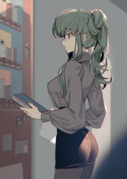 1girl ass black_skirt book breasts c.c. code_geass creayus facing_to_the_side from_side green_hair grey_shirt high_ponytail holding holding_book long_hair long_sleeves looking_ahead medium_breasts office_lady pencil_skirt ponytail profile shirt sidelocks skirt solo wavy_hair yellow_eyes
