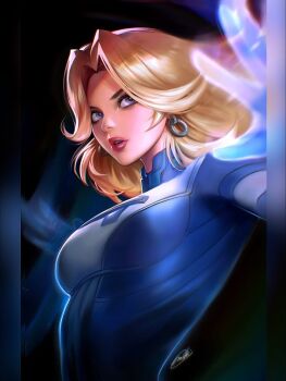 1girl blonde_hair blue_bodysuit blue_eyes bodysuit breasts earrings fantastic_four gloves highres jewelry long_hair looking_at_viewer marvel marvel_rivals miki_okazaki multicolored_bodysuit partially_invisible solo sue_storm superhero_costume two-tone_bodysuit white_bodysuit