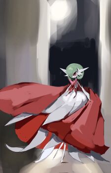 Rule 34 | bob cut, cape, dress, elbow gloves, gardevoir, gen 3 pokemon, gloves, green hair, hair over one eye, highres, mega gardevoir, mega pokemon, nintendo, pink eyes, pokemon, pokemon (creature), red cape, ru oo0o, white dress, white gloves