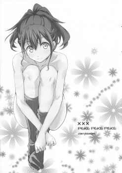 1girl absurdres bad_link blush braid breasts collarbone flower full_body greyscale half_up_braid high_ponytail highres hugging_own_legs kneehighs knees_up long_hair looking_at_viewer mokkeso_(mopurosu) monochrome nude ponytail robotics;notes science_adventure senomiya_akiho short_hair simple_background sitting smile socks solo white_background