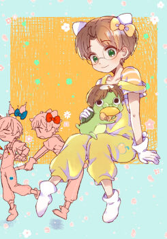 3boys animal_ear_hairband animal_ears arm_support blue_border blue_bow blush border bow brown_hair cat_ears collarbone commentary_request dual_persona fake_animal_ears freckles green_eyes hairband jinnai_enta kappa kuji_toi male_focus multiple_boys overalls red_bow round_eyewear sarazanmai shoes short_hair smile strap_slip tail_pull unpokopokojirou white_shoes yasaka_kazuki yellow_bow yellow_overalls