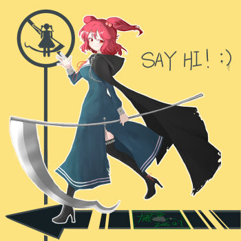 Rule 34 | 1girl, absurdres, alternate costume, black cape, blue dress, boots, cape, commentary request, dress, high heel boots, high heels, highres, holding, holding scythe, long sleeves, onozuka komachi, puffy long sleeves, puffy sleeves, red eyes, red hair, scythe, smile, solo, touhou, two side up, wuren sang, yellow background