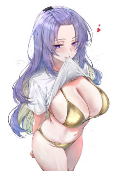 Rule 34 | 1girl, absurdres, alternate costume, arms behind back, bangs pinned back, bikini, bikini under clothes, breasts, cleavage, clothes lift, clothes pull, colored inner hair, commentary, cowboy shot, forehead, gold bikini, highres, hololive, hololive indonesia, horisu (kholiskun), large breasts, long hair, moona hoshinova, mouth hold, multicolored hair, navel, purple eyes, purple hair, shirt, shirt lift, simple background, solo, stomach, swimsuit, symbol-only commentary, t-shirt, tan, tanline, twitter username, virtual youtuber, white background, white shirt