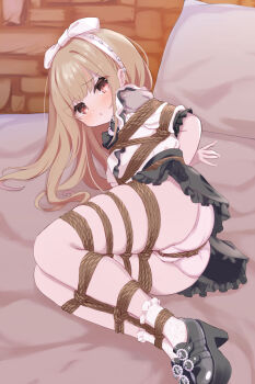 1girl :o arms_behind_back ass bdsm bed bed_sheet between_breasts between_buttocks black_skirt blunt_bangs blush bondage bound bound_ankles bound_arms bound_breasts bound_legs bound_thighs bound_torso bow bowtie breast_bondage breasts brick_wall brooch brown_hair crotch_rope embarrassed female_focus fingernails frilled_skirt frills hair_bow hair_ornament hair_ribbon hamuta_(machosbrown) highres indoors jewelry kinbaku lace lace-trimmed_legwear lace-trimmed_socks lace_trim legs legs_together long_hair looking_to_the_side medium_breasts multicolored_hair nail_polish original panties pink_nails puffy_short_sleeves puffy_sleeves red_eyes ribbon rope shibari shibari_over_clothes shirt shoes short_sleeves skindentation skirt socks solo_focus streaked_hair swept_bangs thighs two-tone_hair underwear upskirt white_panties white_shirt