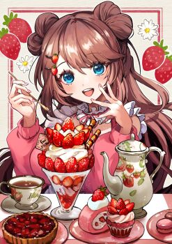 1girl :d apron bare_shoulders blue_eyes blush breasts brown_hair character_name choker clothing_cutout commentary_request commission cup cupcake double_bun dress eating elbow_on_table emirichu_(character) flower food food-themed_hair_ornament frilled_apron frilled_choker frills fruit grey_background hair_between_eyes hair_bun hair_ornament hands_up highres holding holding_spoon ice_cream indie_virtual_youtuber inset_border light_particles long_hair long_sleeves looking_at_viewer macaron medium_breasts nail_polish open_mouth outline pink_choker pink_dress pink_nails plate puffy_long_sleeves puffy_sleeves raised_eyebrows ribbon_choker round_teeth shoulder_cutout simple_background skeb_commission smile solo sparkle spoon strawberry strawberry_hair_ornament sugar_(osatokujira) sundae swept_bangs table tea teacup teapot teeth tongue upper_body upper_teeth_only virtual_youtuber white_apron white_flower white_outline