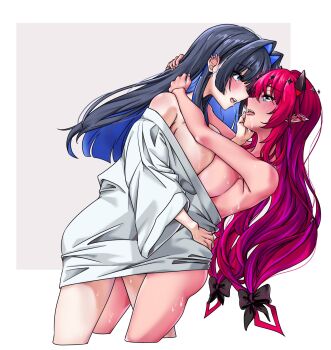 2girls after_kiss blue_eyes blush cottonswab336 embarrassed highres hololive hololive_english irys_(hololive) multicolored_hair multiple_girls naked_towel ouro_kronii red_hair saliva saliva_trail sweat towel two-tone_hair virtual_youtuber yuri