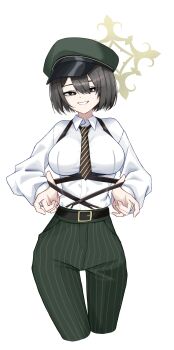 1girl absurdres adjusting_clothes adjusting_suspenders black_eyes black_hair black_necktie blue_archive breasts coat commentary_request diagonal-striped_clothes diagonal-striped_necktie green_hat halo hat highres hiromi_(blue_archive) looking_at_viewer necktie pants peaked_cap shirt short_hair smile solo striped_clothes striped_necktie suspenders_pull sych1590 white_shirt
