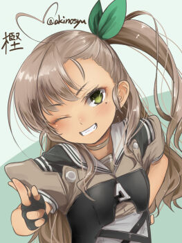 Rule 34 | 1girl, ahoge, akino shuu, black gloves, brown hair, character name, commentary request, corset, dark-skinned female, dark skin, finger gun, fingerless gloves, gloves, green eyes, grey shirt, grin, hair ribbon, heart, heart ahoge, kantai collection, kashi (kancolle), looking at viewer, mole, mole under eye, one side up, puffy sleeves, ribbon, sailor collar, sailor shirt, shirt, short sleeves, smile, solo, twitter username, upper body, white sailor collar, zipper pull tab