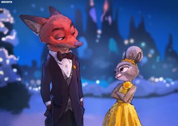 1boy 1girl alternate_costume aosora2823 black_jacket black_suit crossed_arms dress eye_contact formal_clothes fox_boy furry furry_female furry_male hands_in_pockets highres jacket judy_hopps looking_at_another nick_wilde outdoors rabbit_girl smile snow suit yellow_dress zootopia