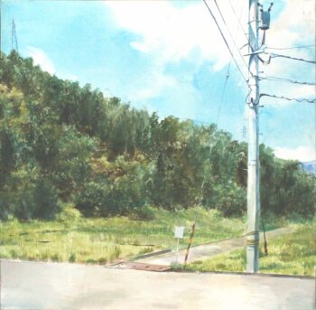 blue_sky commentary_request day forest hill nature no_humans original outdoors painting_(medium) power_lines scenery sky traditional_media utility_pole waka_miso watercolor_(medium)