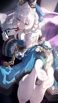 1girl absurdres bodystocking braid closed_mouth controller detached_sleeves dress feet foot_focus from_behind game_controller grey_hair hair_between_eyes highres holding holding_controller holding_game_controller honkai_(series) honkai_impact_3rd indoors long_hair long_sleeves looking_at_viewer looking_back lying meme on_bed on_stomach siroka solo teri_derp_(meme) theresa_apocalypse theresa_apocalypse_(astralop) white_bodystocking