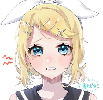 1girl blonde_hair blue_eyes boda_uba99 bow commentary_request hair_bow hair_ornament hairclip kagamine_rin looking_at_viewer low_twintails portrait sailor_collar short_hair short_twintails solo sweat twintails vocaloid x_hair_ornament