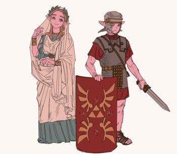 Rule 34 | 1boy, 1girl, armor, bangle, bracelet, chainmail, commentary, english commentary, frown, gladius, greco-roman clothes, helmet, jewelry, laurel crown, legionnaire, link, looking at viewer, nintendo, pointy ears, princess zelda, pteruges, rivaeri, roman clothes, roman empire, sandals, scutum, shield, smile, sword, the legend of zelda, tunic, weapon