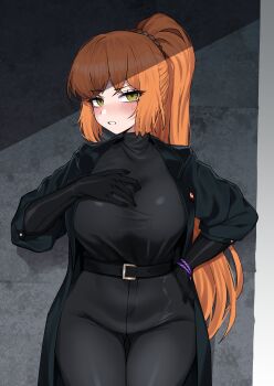 1girl absurdres black_coat black_gloves black_pants black_sweater breasts coat commentary gloves hahyaha high_ponytail highres ishmael_(project_moon) jeong's_office_(identity)_(project_moon) large_breasts limbus_company long_hair looking_at_viewer open_clothes open_coat orange_hair pants ponytail project_moon purple_rope rope solo sweater symbol-only_commentary very_long_hair
