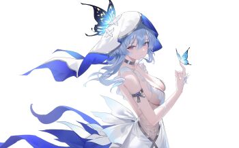 1girl absurdres armlet bare_shoulders blue_butterfly blue_hair blue_veil breasts bug butterfly butterfly_on_hand chinese_commentary closed_mouth colored_eyelashes commentary_request dress from_side hair_between_eyes hair_ornament hand_up highres insect jewelry kyky_(-kyky) long_hair looking_at_viewer looking_to_the_side medium_breasts purple_eyes shorekeeper_(wuthering_waves) simple_background sleeveless sleeveless_dress smile solo two-tone_veil upper_body veil white_background white_dress white_veil wuthering_waves