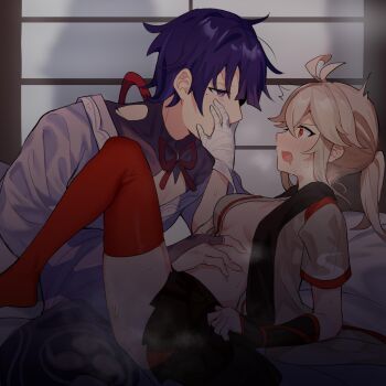 1boy 1girl ahoge alternate_costume alternate_universe antenna_hair bandaged_hand bandages blonde_hair blunt_bangs blurry blurry_background blush breasts bridal_gauntlets clothing_cutout commentary_request dark_room depth_of_field drooling from_side genderswap genderswap_(ftm) genderswap_(mtf) genshin_impact hair_between_eyes hand_on_another&#039;s_face hand_on_another&#039;s_stomach hetero highres huge_ahoge huge_breasts implied_sex incoming_kiss indoors japanese_clothes kaedehara_kazuha kimono knee_up leaning_back leaning_forward long_hair long_sleeves looking_at_another looking_down looking_up low_ponytail mengaijiang924 mitsudomoe_(shape) mole mole_under_eye mouth_drool multicolored_hair muscular muscular_male neck_ribbon nose_blush off_shoulder open_clothes open_mouth pectoral_cleavage pectorals ponytail purple_eyes purple_hair purple_kimono pushing_away raiden_shogun red_eyes red_ribbon red_thighhighs ribbon sex shade shadow short_hair shoulder_cutout skirt steaming_body stomach streaked_hair surprised sweat thick_thighs thighhighs thighs tomoe_(symbol) undressing unworn_clothes upper_body wet wide-eyed wide_sleeves