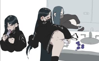 1girl anal anal_beads anal_fluid anal_object_insertion barbell_piercing black_eyes black_hair black_hoodie black_nails black_thighhighs blush bottomless clothes_lift clothes_writing commentary dildo dildo_under_mask dimples_of_venus drooling ear_blush ear_piercing earclip earrings english_commentary goth_fashion hair_behind_ear highres hood hoodie hoodie_lift industrial_piercing jewelry lifting_own_clothes long_hair mask masturbation mirror mouth_mask multiple_earrings nail_polish object_insertion one_eye_closed original oshii_(suwafro) parted_hair piercing public_indecency public_restroom reflection round_eyewear saliva sex_toy shoes sink skull sneakers straight_hair suwafro thighhighs very_long_hair white_footwear