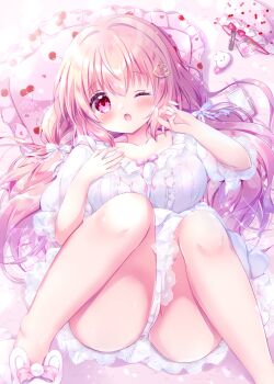 1girl :o absurdres ass blush bra bra_lift breast_suppress breasts cellphone cherry_print chiika_(cure_cherish) cleavage clothes_lift collarbone dress food_print frilled_dress frilled_pillow frilled_skirt frills fruit_print hair_between_eyes hair_ornament hair_ribbon hairclip hairpin hands_up high-waist_dress high-waist_skirt highres lace lace-trimmed_dress lace-trimmed_skirt lace-trimmed_sleeves lace_sleeves lace_trim large_breasts legs_up long_hair looking_at_viewer lying nail_(hardware) nail_polish one_eye_closed open_mouth original panties pants phone pillow pink_eyes pink_hair pink_nails pink_ribbon rabbit_hair_ornament ribbon see-through_bra see-through_clothes see-through_dress see-through_panties see-through_pants see-through_skirt shiny_skin shoes skirt smartphone spread_legs steam twintails underwear very_long_hair white_dress white_panties white_ribbon white_skirt