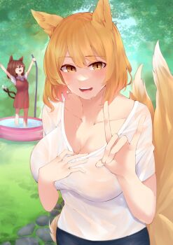 2girls :d \o/ absurdres alternate_costume animal_ears arms_up blonde_hair blouse blush breasts cat_ears cat_tail chen cleavage collarbone commentary_request day dress fox_ears fox_shadow_puppet fox_tail hair_between_eyes highres keenii_(kenny86) large_breasts looking_at_viewer medium_hair multiple_girls multiple_tails nekomata no_headwear open_mouth outdoors outstretched_arms path red_dress road shirt short_hair short_sleeves smile solo_focus standing tail teeth touhou two_tails upper_body upper_teeth_only wading wading_pool wet white_shirt yakumo_ran