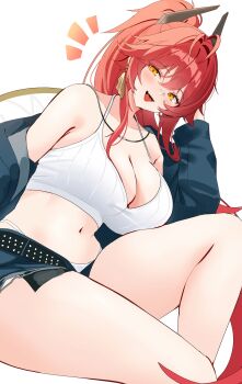 1girl absurdres bandage_on_nose bandaid bandaid_on_face bandaid_on_nose belt black_horns camisole denim denim_jacket denim_shorts exposed_pocket goddess_of_victory:_nikke hat_on_back highres horns jacket mechanical_horns micro_shorts navel official_alternate_costume official_alternate_hairstyle open_belt red_hood_(nikke) red_hood_(retro_days)_(nikke) sayan shorts solo tank_top white_camisole white_tank_top