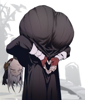 1girl absurdres amen_pose_(meme) bent_over black_dress bloodborne closed_eyes closed_mouth doll_joints dress fingerless_gloves gloves hat heart heart_hands highres joints jotmanlol long_sleeves meme outdoors own_hands_together plain_doll red_gloves red_hat smile standing tombstone tree white_hair