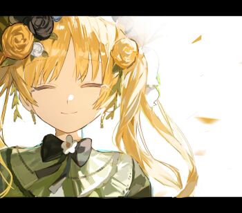 Rule 34 | 1girl, blonde hair, chinese commentary, closed eyes, closed mouth, commentary request, earrings, facing viewer, flower, hair flower, hair ornament, highres, jewelry, letterboxed, lolita fashion, long hair, mahou shoujo no majo saiban, mengmu, neck ribbon, ribbon, rose, simple background, smile, solo, tearing up, tono hanna, twintails, upper body, white background, white flower, white rose, yellow flower, yellow rose