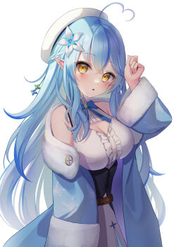 1girl absurdres ahoge bare_shoulders blue_coat blue_hair blush boots braid breasts cleavage cleavage_cutout clothing_cutout coat colored_tips commentary_request corset elf flower frilled_skirt frills fur_trim hair_between_eyes hair_flower hair_ornament hat heart heart_ahoge highres hololive large_breasts long_hair long_sleeves looking_at_viewer multicolored_hair off_shoulder open_mouth pointy_ears ribbon shin_insh side_braid simple_background skirt snowflake_print solo thighhighs very_long_hair virtual_youtuber white_background white_flower white_hat yellow_eyes yukihana_lamy yukihana_lamy_(1st_costume) zettai_ryouiki