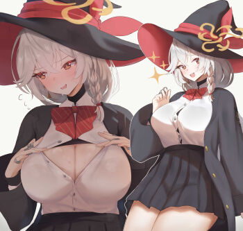 1girl 7neet absurdres black_coat black_hat black_shirt black_skirt blue_archive blush braid breasts brown_eyes brown_halo button_gap center_opening cleavage coat commentary embarrassed eri_(blue_archive) flying_sweatdrops halo hat highres jewelry large_breasts long_hair long_sleeves looking_at_viewer looking_to_the_side miniskirt multiple_rings multiple_views open_clothes open_coat open_mouth pleated_skirt ring shirt side_halo simple_background single_braid skirt smile sparkle sparkling_aura teeth tilted_halo turtleneck turtleneck_shirt undershirt upper_teeth_only white_background white_hair witch_hat