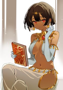 1girl absurdres ancient_egyptian_clothes bob_cut book bracelet breasts brown_hair cleavage criss-cross_halter dark-skinned_female dark_skin earrings from_side gloves halterneck harem_outfit highres holding holding_book jewelry looking_at_viewer medium_breasts navel original panties rana_(original_character) red_eyes short_hair sideboob simple_background solo underwear white_gloves white_panties woppuru