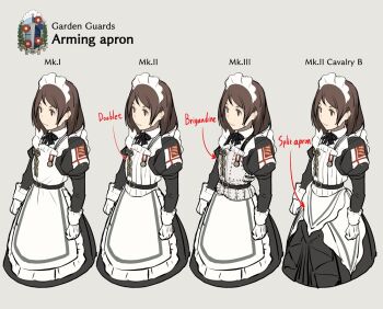 Rule 34 | 1girl, apron, asterisk kome, black bow, black dress, bow, bowtie, brown eyes, brown hair, closed mouth, commentary request, dress, gloves, grey background, heroes of order, long sleeves, maid, maid apron, maid headdress, multiple views, short hair, simple background, smile, white apron, white gloves
