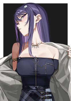 1girl absurdres bare_shoulders belt belt_skirt black_background black_belt black_shirt blush border breasts cat_hair_ornament coat collarbone commentary grey_skirt hair_ornament hairpin highres jewelry ksp_(vtuber) long_hair long_sidelocks looking_at_viewer medium_breasts meridian_project necklace off-shoulder_shirt off_shoulder outside_border parted_lips plaid_clothes plaid_skirt purple_eyes purple_hair removing_coat ryoyu_(ryoyustarlight) shirt sidelocks simple_background skirt solo straight-on turning_head upper_body virtual_youtuber white_border white_coat zipper zipper_pull_tab