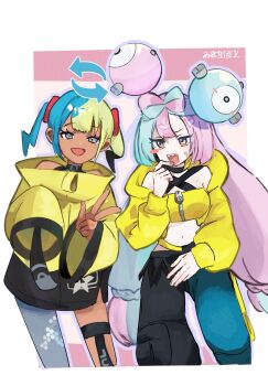 2girls aqua_hair baggy_pants bandeau black_mask blonde_hair blue_hair blush_stickers bow-shaped_hair breasts canari_(pokemon) canari_(pokemon)_(cosplay) center-flap_bangs character_hair_ornament cosplay costume_switch criss-cross_halter criss-cross_straps dark-skinned_female dark_skin fake_hair_bun grey_pantyhose hair_ornament half-closed_eyes halter_shirt halterneck hexagon_print highres iono_(pokemon) iono_(pokemon)_(cosplay) jacket long_hair long_sleeves mask mask_pull medium_breasts mega_stone mouth_mask multicolored_hair multiple_girls nintendo open_mouth oversized_clothes pants pantyhose pink_hair piyo_(toripoke710) pokemon pokemon_legends:_z-a pokemon_sv sharp_teeth short_twintails single_leg_pantyhose sleeves_past_fingers sleeves_past_wrists smile solo split-color_hair sweatdrop teeth trait_connection twintails two-tone_mask two-tone_pants x_(symbol) yellow_bandeau yellow_jacket yellow_mask